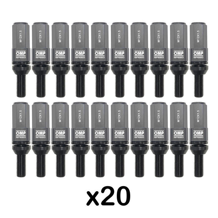 Omp OMPS09981202 Boulons De Roue Aluminium M12x1.5 Clé 17-19 28mm Protecteur Argent 20 Pièces