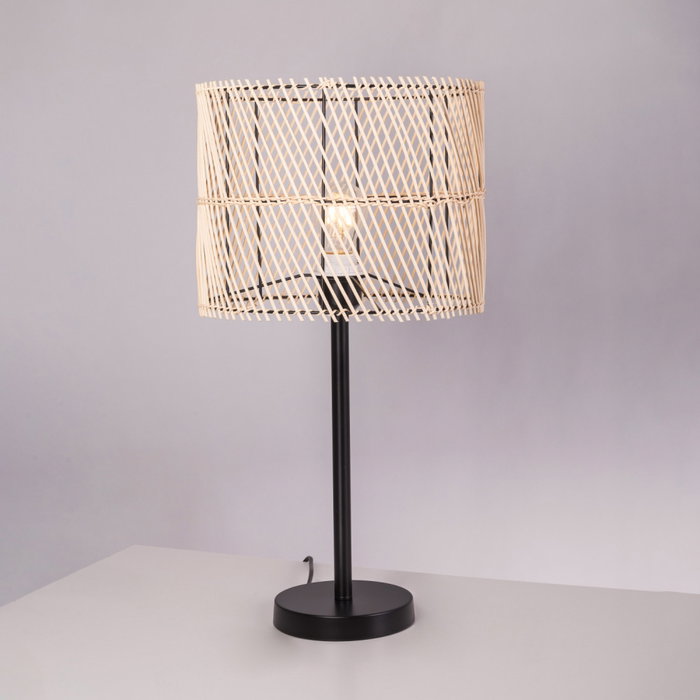 Lampe de table Porbandar en rotin et métal noir avec douille E27 SKD-T1020 Lampe de table Porbandar en rotin et métal noir avec douille E27 SKD-T1020