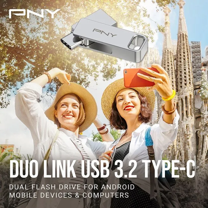 PNY DUO LINK Clé USB 3.2 Type-C et Type-A 256 Go - Double connecteur pour mobiles et PC - Vitesse jusqu'à 200 Mo/s - Compatible PC, Mac et Android