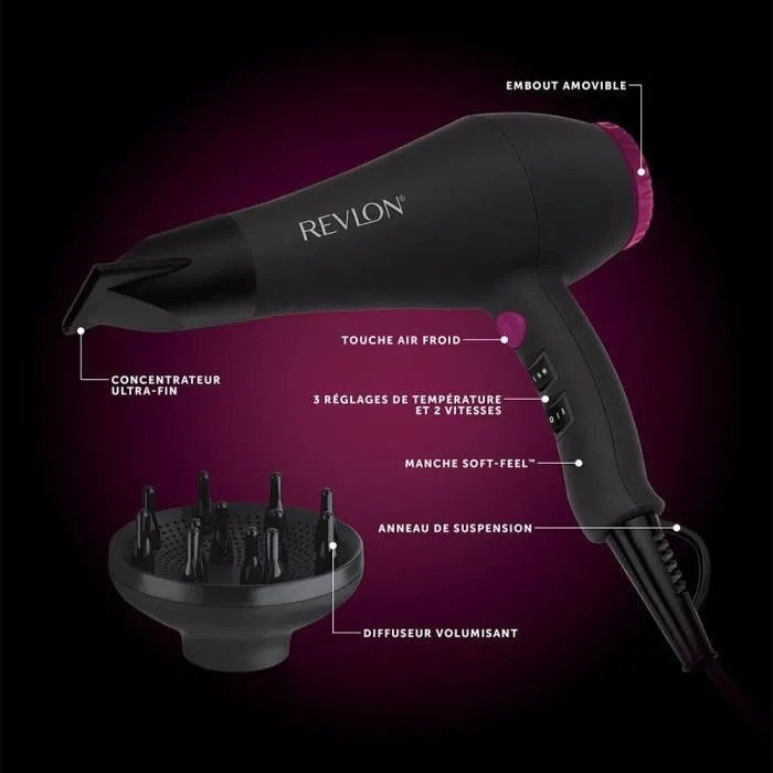 Revlon RVDR5251E Sèche-cheveux 2000W Moteur AC 3 Températures 2 Vitesses Technologie Ionique à Tourmaline Revêtement Céramique Concentrateur et Diffuseur Noir Rose