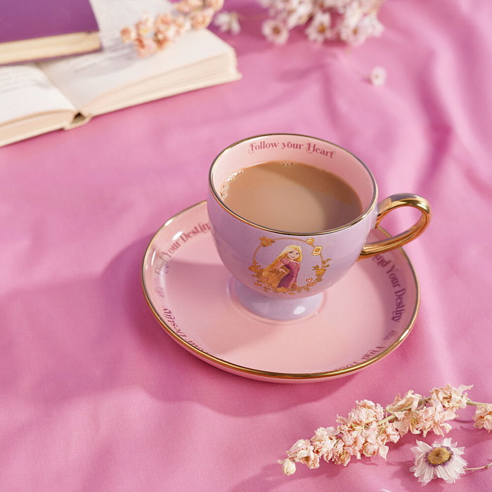 WIDDOP & CO Jeu de tasse et soucoupe Rapunzel Princesas Disney - Thème cheveux longs, suivez votre cœur - Doré et pastel