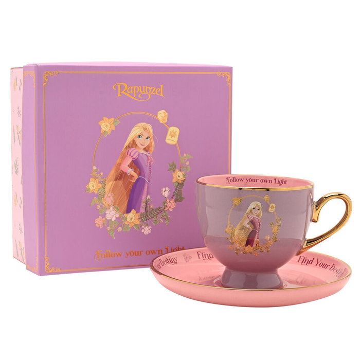 WIDDOP & CO Jeu de tasse et soucoupe Rapunzel Princesas Disney - Thème cheveux longs, suivez votre cœur - Doré et pastel