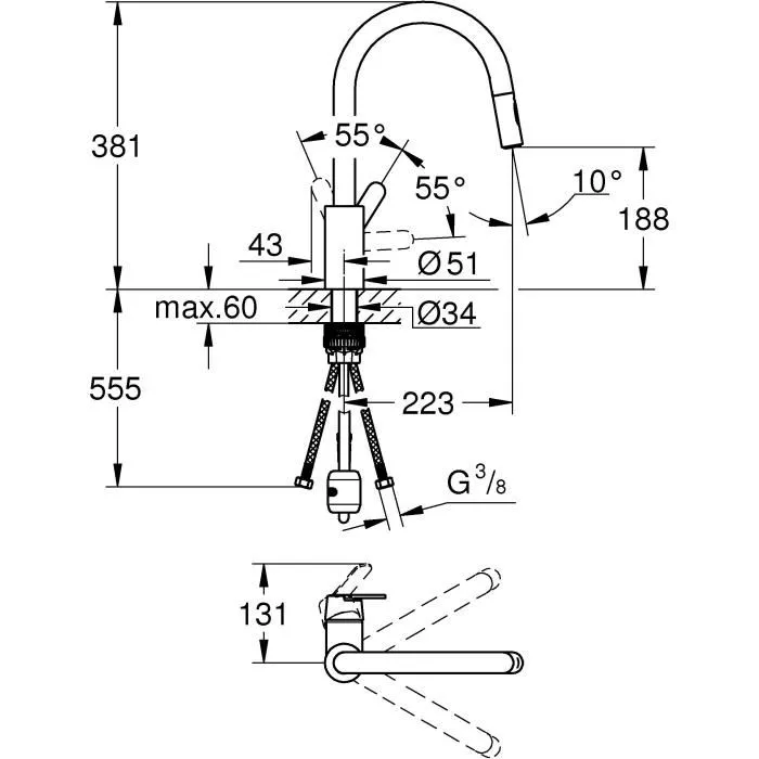 Grohe Robinet de cuisine mitigeur monocommande avec douchette extractible - Bec U, inverseur 2 jets Supersteel - Réf. 31484001