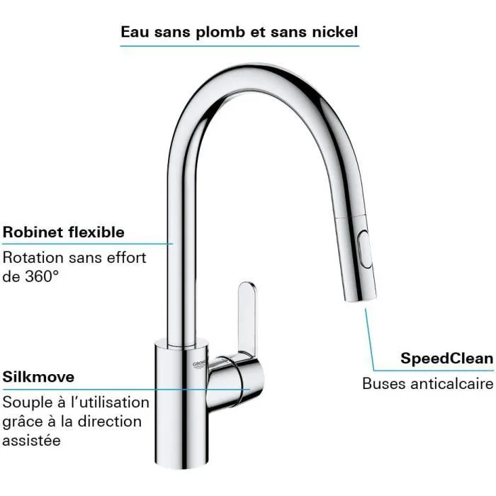 Grohe Robinet de cuisine mitigeur monocommande avec douchette extractible - Bec U, inverseur 2 jets Supersteel - Réf. 31484001