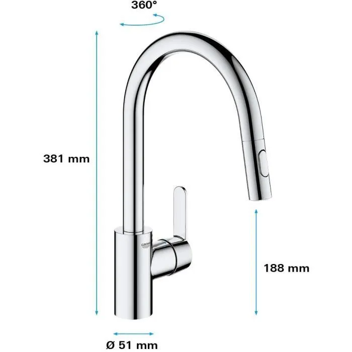 Grohe Robinet de cuisine mitigeur monocommande avec douchette extractible - Bec U, inverseur 2 jets Supersteel - Réf. 31484001