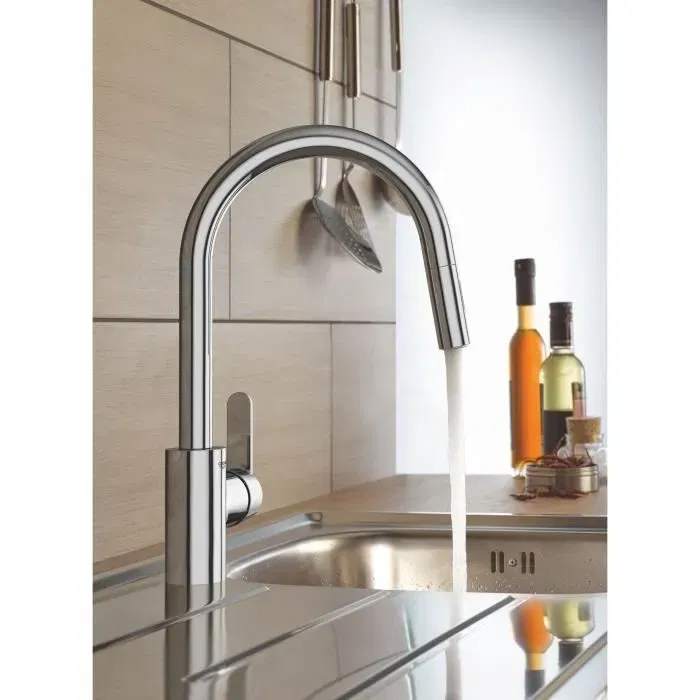 Grohe Robinet de cuisine mitigeur monocommande avec douchette extractible - Bec U, inverseur 2 jets Supersteel - Réf. 31484001