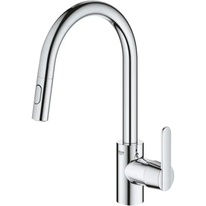 Grohe Robinet de cuisine mitigeur monocommande avec douchette extractible - Bec U, inverseur 2 jets Supersteel - Réf. 31484001