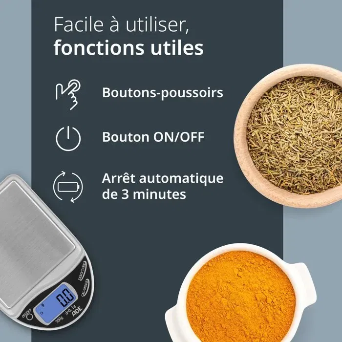 ADE POCKET Balance de cuisine digitale - Précision 0,1 g, capacité 300 g, plateforme acier inoxydable, fonction tare, avec 2 piles AAA