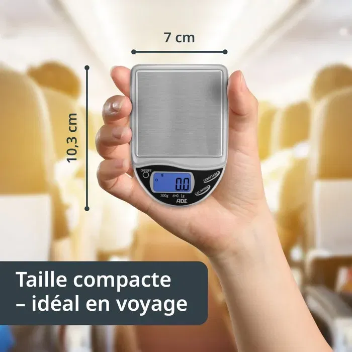 ADE POCKET Balance de cuisine digitale - Précision 0,1 g, capacité 300 g, plateforme acier inoxydable, fonction tare, avec 2 piles AAA