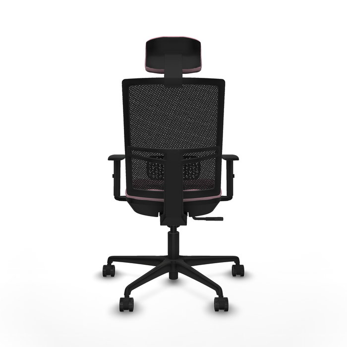 Chaise Yunquera Synchro 4 positions tissu Rose Maille Noir Base en nylon noir Accoudoir 1D Appui-tête 1D Roulettes 65mm nylon
