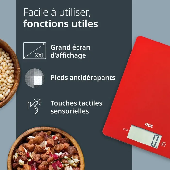 ADE - Balance de Cuisine Numérique Ultra-Platine LEONIE - 5 kg / 1 g - Plateau ABS 22 x 17 cm Rouge - Pile CR2032 Incluse