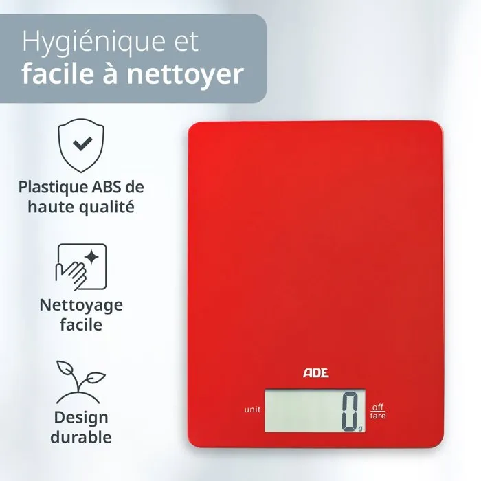 ADE - Balance de Cuisine Numérique Ultra-Platine LEONIE - 5 kg / 1 g - Plateau ABS 22 x 17 cm Rouge - Pile CR2032 Incluse