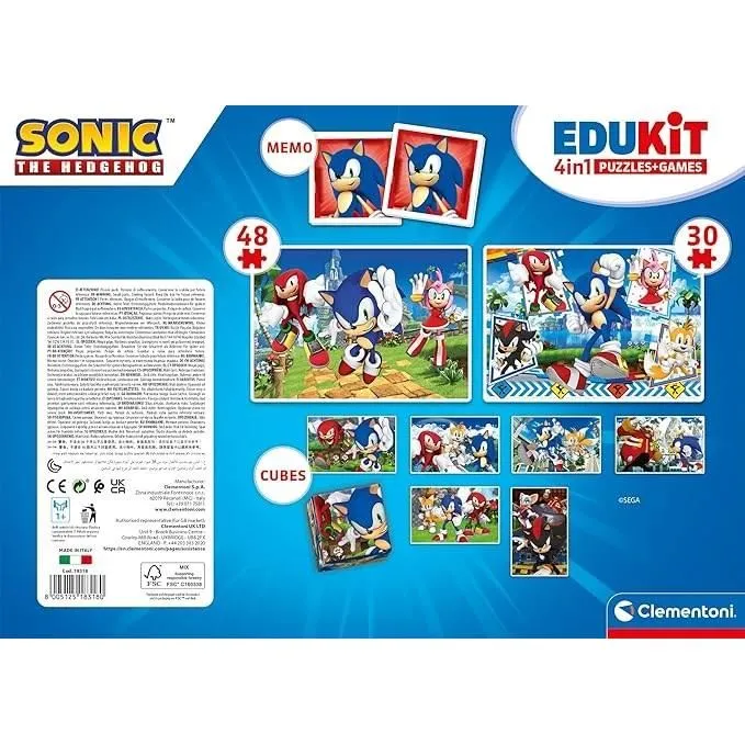 Clementoni Edukit Sonic - Coffret éducatif 4 en 1 avec 2 puzzles, jeu de mémo et 6 cubes pour enfants - Dès 4 ans