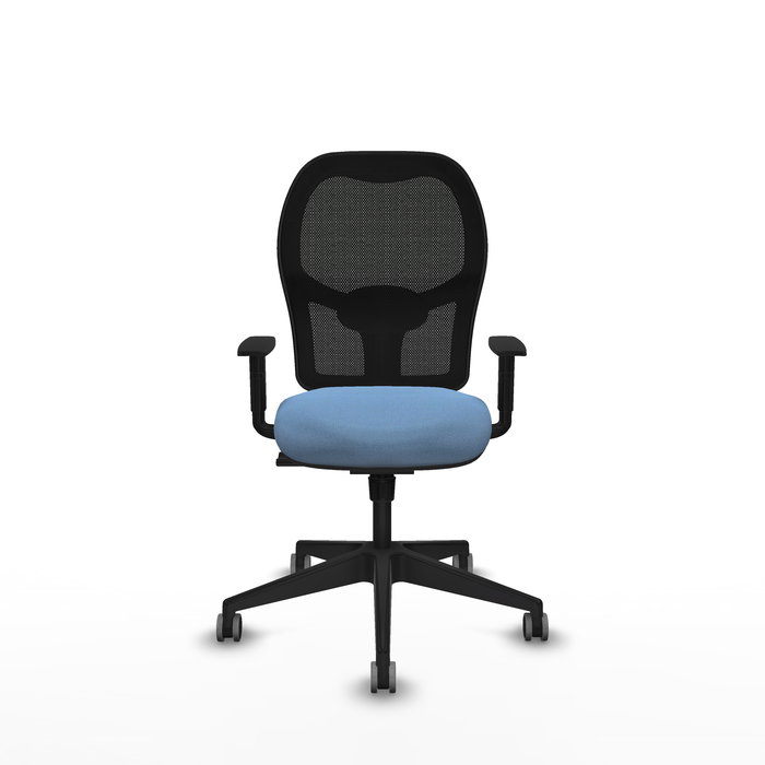 Chaise Alocén Synchro 3 positions tissu Bleu ciel Maille Noir Base pyramidale noire Accoudoir 1D Sans appui-tête Roulettes 65mm pour moquette