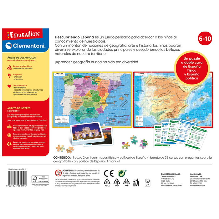 Clementoni Mapa Geo Descubre España 55119 - Puzzle 2 en 1 avec carte physique et politique et jeu de 150 questions - Jeu éducatif en espagnol pour enfants +6 ans