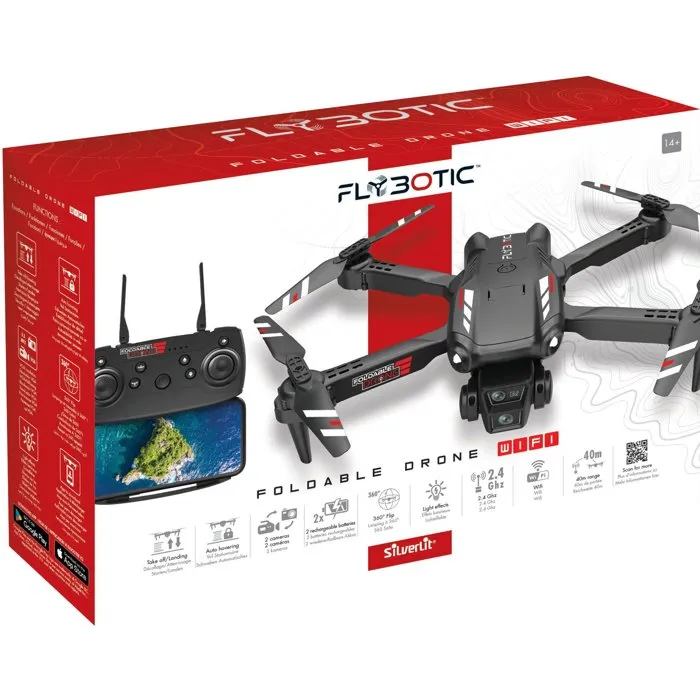 Silverlit Drone pliable Flybotic avec caméra Wi-Fi, vol stationnaire, livré avec 2 batteries - À partir de 14 ans