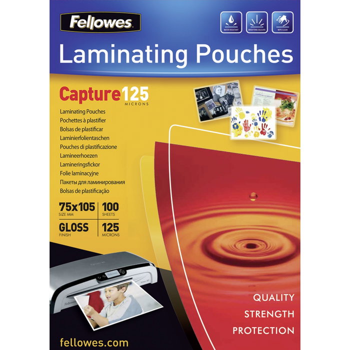 Fellowes Pochettes de plastification brillantes 125 microns 75x125 mm Fellowes Pochettes de plastification brillantes 125 microns 75x125 mm