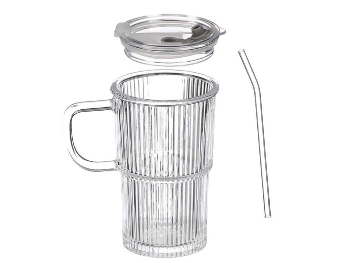 Vivalto Verre avec anse, couvercle et paille 430 ml 8x13x7 cm (Set de 24) Vivalto Verre avec anse, couvercle et paille 430 ml 8x13x7 cm (Set de 24)
