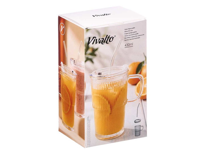 Vivalto Verre avec anse, couvercle et paille 430 ml 8x13x7 cm (Set de 24) Vivalto Verre avec anse, couvercle et paille 430 ml 8x13x7 cm (Set de 24)