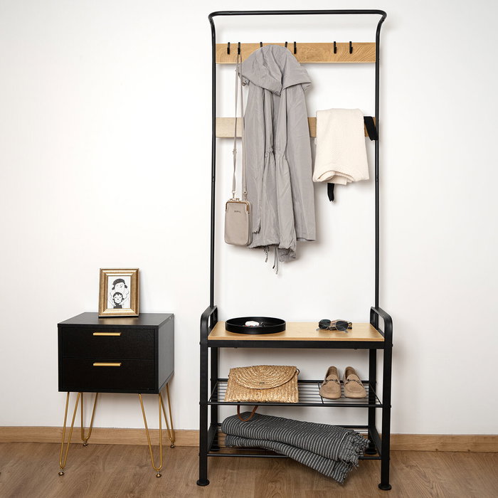 Vinthera Portemanteau et Étagère à Chaussures Moa Acier et Bois 72x34x183 cm