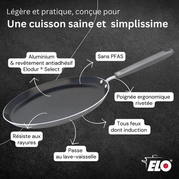 Elo - Set chandeleur crêpière Ducato Ø 26 cm aluminium antiadhésif ELODUR Select sans PFAS - Compatible induction - Inclus pinceau silicone/bois, râteau et spatule