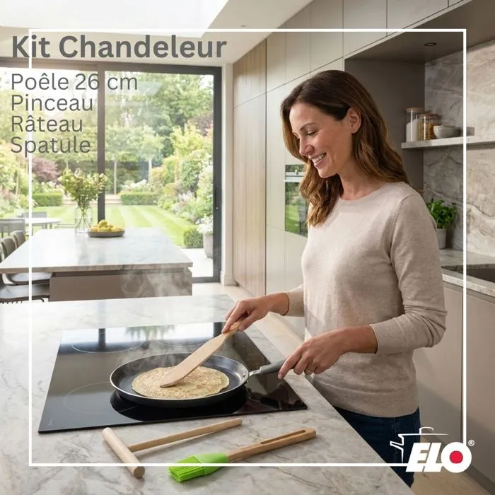 Elo - Set chandeleur crêpière Ducato Ø 26 cm aluminium antiadhésif ELODUR Select sans PFAS - Compatible induction - Inclus pinceau silicone/bois, râteau et spatule