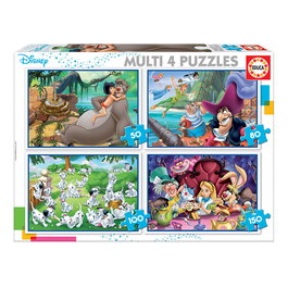 Educa Puzzle Progression Multi 4 Classiques Disney (Le Livre de la Jungle, Peter Pan, 101 Dalmatiens, Alice) - 12 à 25 Pièces - Version Espagnole - Réf. 18105