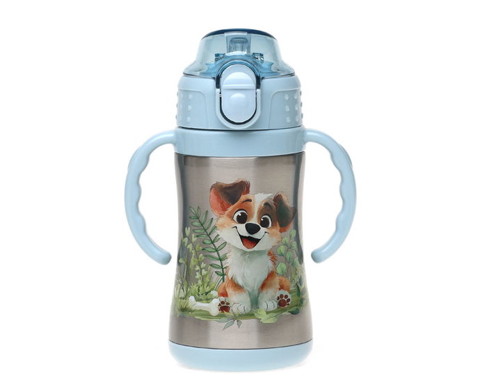 KioKids Gourde Isotherme En Acier Inoxidable 280 mL Avec Paille et 2 Anses - Thermo pour Bébé Enfant (+6 Mois) - Collection Lovely Friends - Bleue