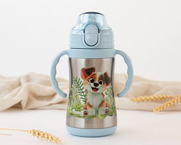 KioKids Gourde Isotherme En Acier Inoxidable 280 mL Avec Paille et 2 Anses - Thermo pour Bébé Enfant (+6 Mois) - Collection Lovely Friends - Bleue