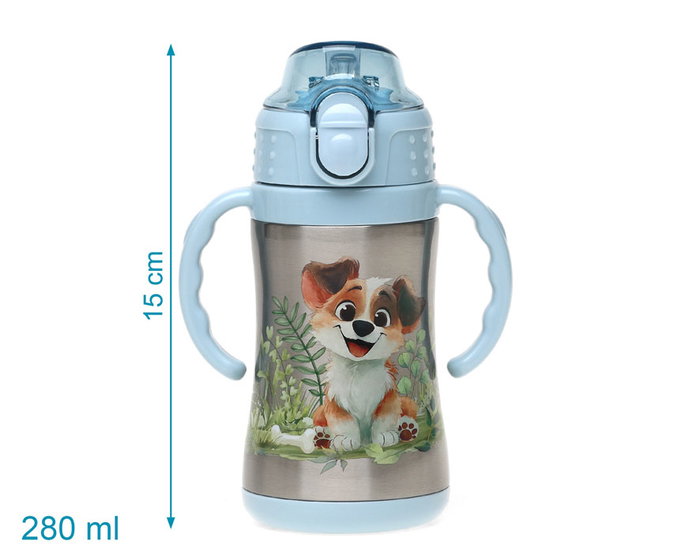 KioKids Gourde Isotherme En Acier Inoxidable 280 mL Avec Paille et 2 Anses - Thermo pour Bébé Enfant (+6 Mois) - Collection Lovely Friends - Bleue