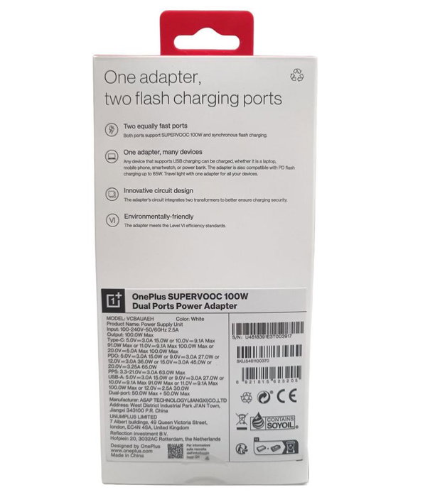 OnePlus Chargeur 100W Duo USB-A USB-C Blanc SUPER VOC