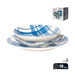 Ovenza Vajilla Santorini 18 pièces Bleu - 6 assiettes plates 26 cm, 6 assiettes creuses 21 cm, 6 assiettes à dessert 19 cm