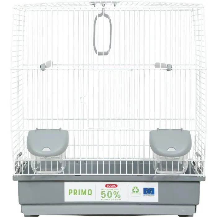 Zolux Cage d'Élevage pour Oiseaux Primo 40 * 25.5 * 44 cm avec 2 Perchoirs, 2 Mangeoires, Balançoire - Blanc et Gris