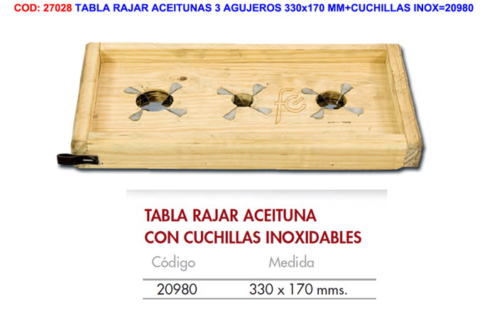Planche à découper pour olives avec 3 trous et lames inox 330x170 mm Planche à découper pour olives avec 3 trous et lames inox 330x170 mm