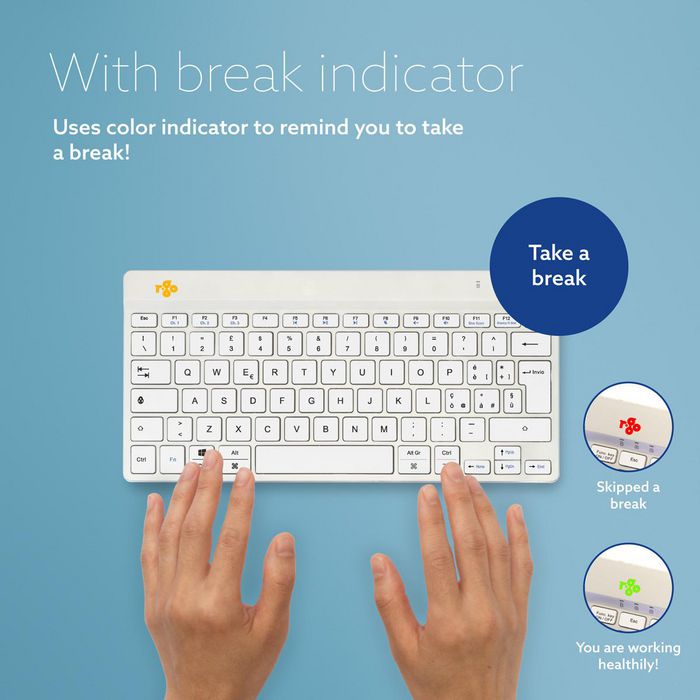R-Go Tools Clavier ergonomique compact R-Go Compact Break, logiciel de pause intégré, disposition QWERTY italienne, Bluetooth, couleur blanc R-Go Tools Clavier ergonomique compact R-Go Compact Break, logiciel de pause intégré, disposition QWERTY italienne, Bluetooth, couleur blanc