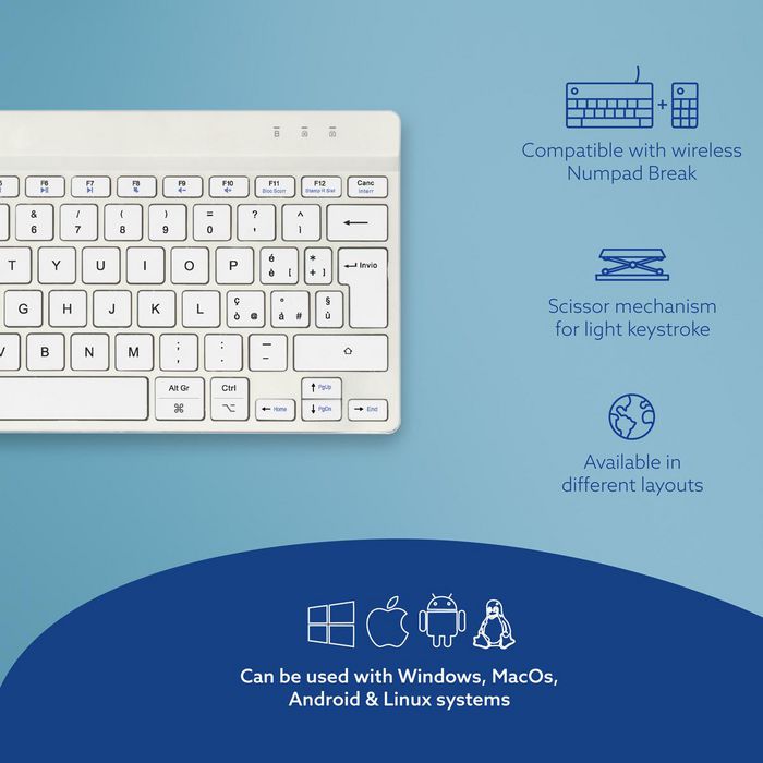 R-Go Tools Clavier ergonomique compact R-Go Compact Break, logiciel de pause intégré, disposition QWERTY italienne, Bluetooth, couleur blanc R-Go Tools Clavier ergonomique compact R-Go Compact Break, logiciel de pause intégré, disposition QWERTY italienne, Bluetooth, couleur blanc