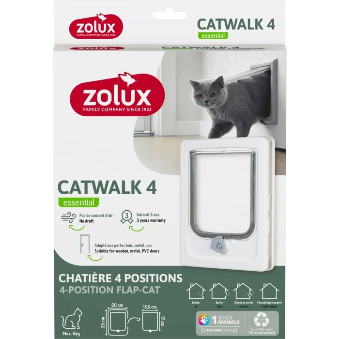 Zolux Chatière Catwalk - Verrouillage 4 positions, blanc, pour porte bois, PVC, métal (ép. 11-25 mm), dimensions 20 x 25 cm, pour chat jusqu'à 6 kg