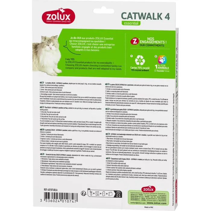Zolux Chatière Catwalk - Verrouillage 4 positions, blanc, pour porte bois, PVC, métal (ép. 11-25 mm), dimensions 20 x 25 cm, pour chat jusqu'à 6 kg
