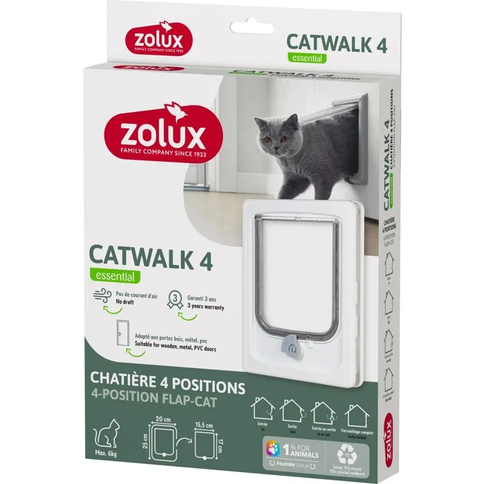 Zolux Chatière Catwalk - Verrouillage 4 positions, blanc, pour porte bois, PVC, métal (ép. 11-25 mm), dimensions 20 x 25 cm, pour chat jusqu'à 6 kg
