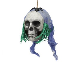 Atosa Tête de Squelette Suspendue avec Cheveux Verts et Tissus Bleus 15x30cm