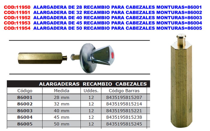 Alargadera de 45 de rechange pour têtes de montures 86004 Alargadera de 45 de rechange pour têtes de montures 86004