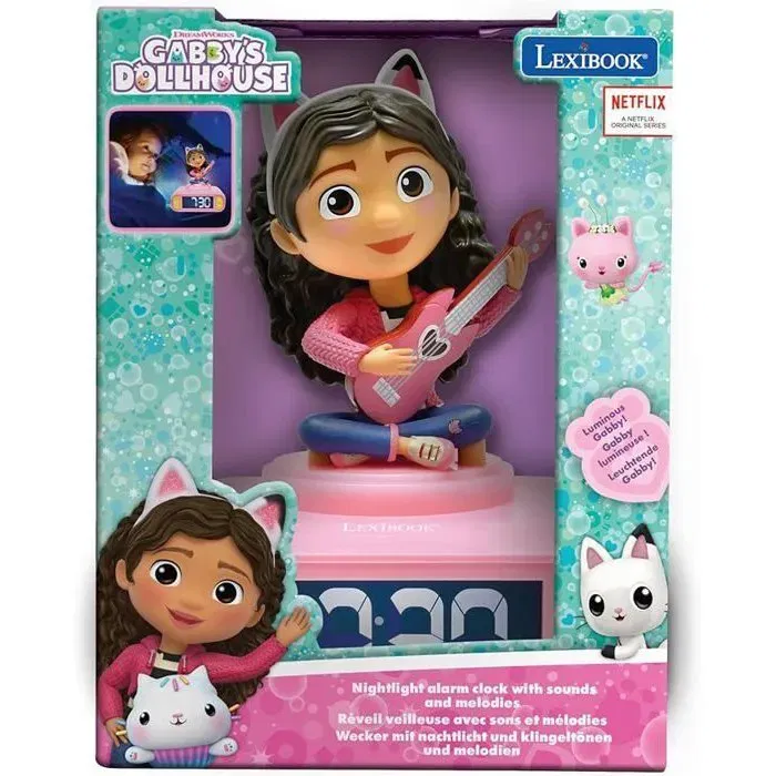 Lexibook Réveil Digital avec Veilleuse Gabby et la Maison Magique - 6 Sonneries, Écran LCD Rétroéclairé, Fonction Snooze et Effets Sonores - Enfant