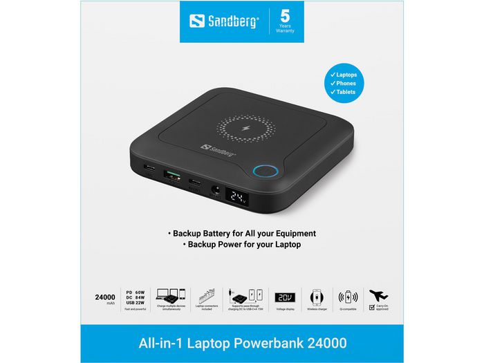 Sandberg Powerbank All-in-1 pour PC Portable 24000 mAh avec Charge Rapide USB-C, USB, Sans Fil et Adaptateur CC - Batterie Externe Universelle