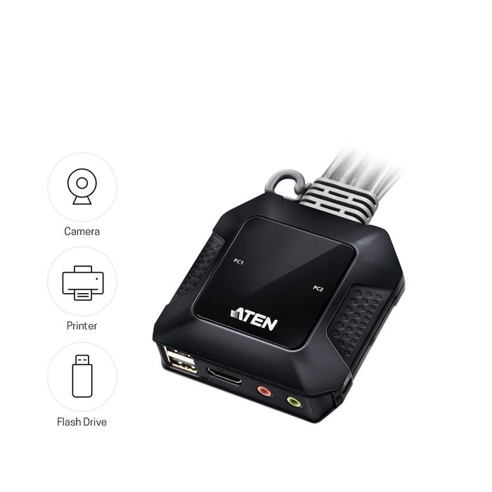 Aten CS22H Commutateur KVM câblé USB 2 ports avec sélecteur de port distant, HDMI 4K UHD 60 Hz pour contrôle de 2 ordinateurs