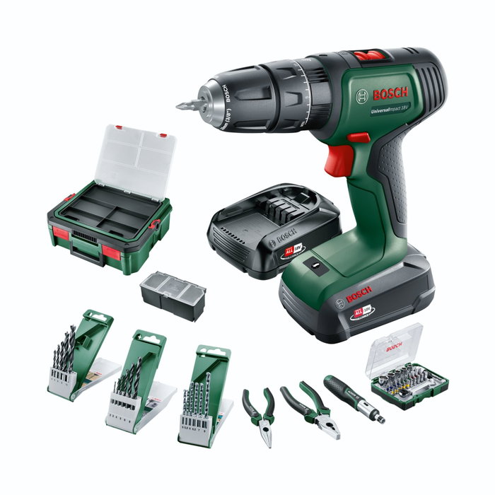 Bosch UniversalImpact 18V Perceuse à percussion (1x1,5Ah + 1x2,5Ah) avec set 46AC et Systembox S Bosch UniversalImpact 18V Perceuse à percussion (1x1,5Ah + 1x2,5Ah) avec set 46AC et Systembox S
