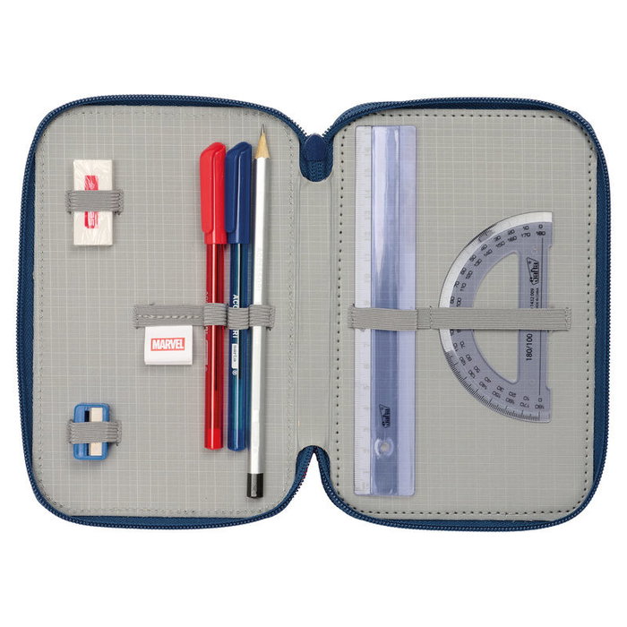SAFTA Plumier triple compartiment Spiderman Marvel avec 37 pièces : gomme, crayons, stylos, feutres, règle et compas pour enfants