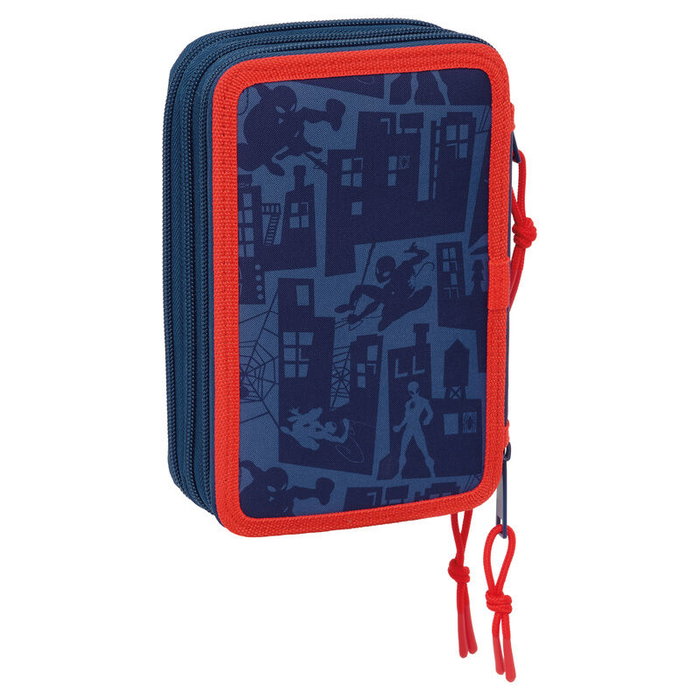 SAFTA Plumier triple compartiment Spiderman Marvel avec 37 pièces : gomme, crayons, stylos, feutres, règle et compas pour enfants