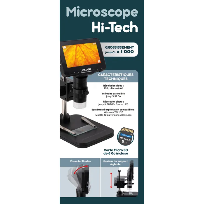 Liscianigiochi Microscope numérique I'M A GENIUS jusqu'à 1000x avec écran IPS 4,3