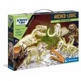 Clementoni Science & Jeu - Archéo Ludic Proies et Prédateurs - Coffret de Fouille Paléontologique avec Squelettes Phosphorescents de Dinosaures T-rex et Tricératops
