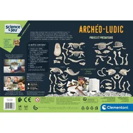 Clementoni Science & Jeu - Archéo Ludic Proies et Prédateurs - Coffret de Fouille Paléontologique avec Squelettes Phosphorescents de Dinosaures T-rex et Tricératops
